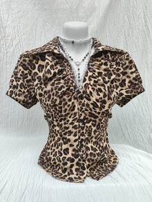 Sweetra Áo cánh tay ngắn ôm sát, cổ chữ V, khoét eo, thời trang công sở cho nữ Áo sơ mi nữ - Nhiều màu - Xem 1