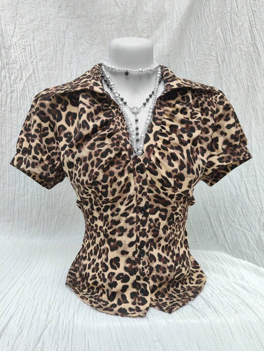 Sweetra Áo cánh tay ngắn ôm sát, cổ chữ V, khoét eo, thời trang công sở cho nữ Áo sơ mi nữ - Nhiều màu - Xem 1