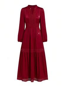 Ellevyn Women's Elegant Burgundy Long Sleeve Lace Patchwork Dress - Burgundy - View 10