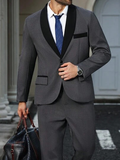 Manfinity Mode 秋季大码男士撞色披肩领长袖西装外套和裤子商务装