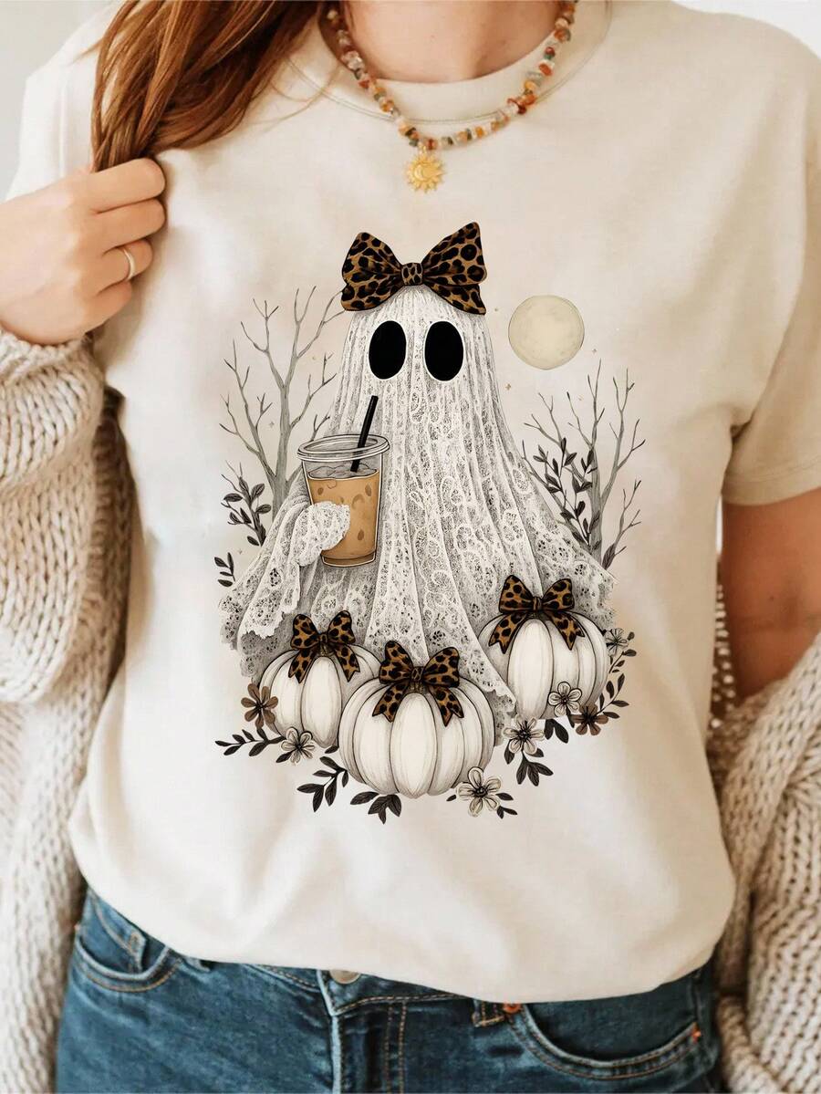 EMERY ROSE Plus Size Women's Bow Ghost Pumpkin Graphic Tee, Apricot T-Shirt FALL VIBES Cute Fashion Casual T-Shirt Round Neck Short Sleeved Top Halloween - Apricot - View 1