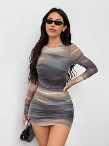 SHEIN PETITE Women's Fashion Commuter Tie-Dye Ruched Bodycon Mini Dress - Multicolor - View 4