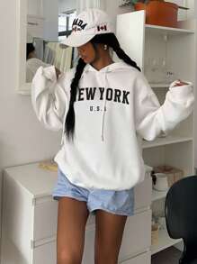 Attitoon Áo hoodie họa tiết chữ New York tối giản, giản dị, áo nỉ dày dáng rộng dành cho nữ, phù hợp với phong cách đường phố mùa thu/đông - trắng - Xem 3