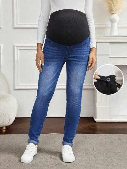 SHEIN 孕妇撞色可调节腰部紧身休闲牛仔裤