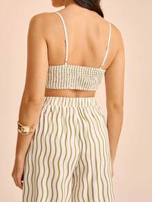 CAJUNI Damen Urlaubs Boho Aprikot Basis Grün Wellenstreifen Blume Muster Crop Camisole und bedruckte Weite Bein Hose 2-teiliges Set, 2-teiliges Set für Damen, Zweiteiler für Damen, Zweiteiler Frau, Urlaubs Zweiteiler, elegantes Zweiteiler-Set für Damen