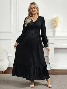 SHEIN 孕妇纯色交叉褶皱腰褶优雅连衣裙 - 黑色 - 查看 1
