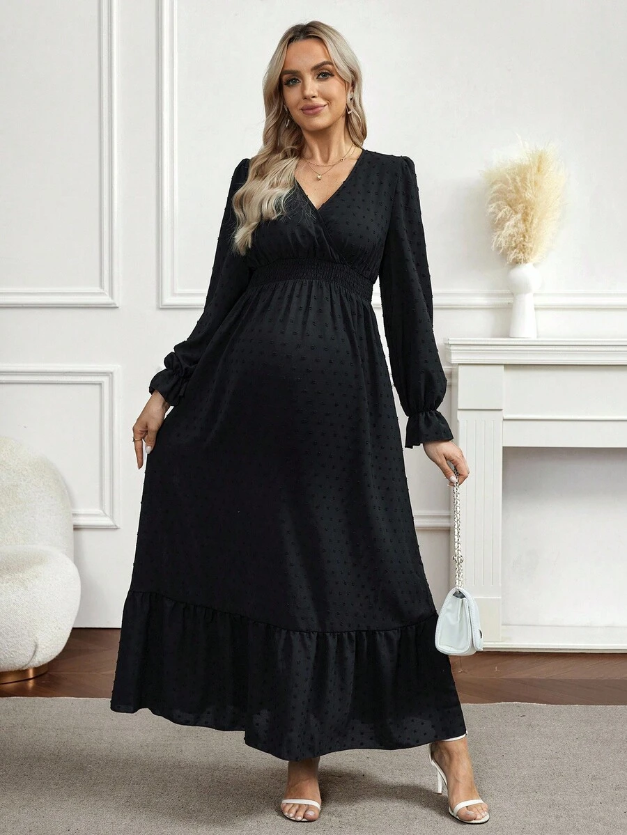 SHEIN 孕妇纯色交叉褶皱腰褶优雅连衣裙 - 黑色 - 查看 1