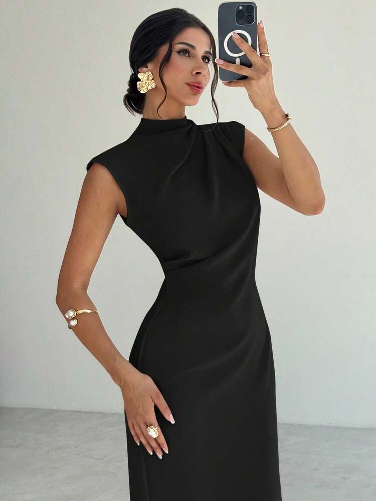 Firerie Vestido largo de verano elegante y minimalista para uso diario, viajes y ocasiones casuales, con cuello mao, mangas drapeadas y cintura ceñida, color albaricoque - Negro - Añade 9