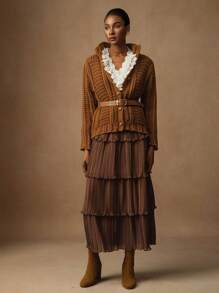 Vesra Fustă plisată cu talie elastică la modă pentru femei, culoare solidă, model tort - Maro - Vizualizare 7