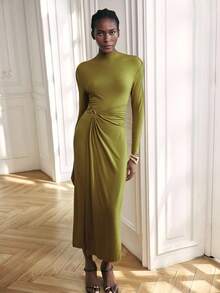 Maija 2025 Autumn/Winter New Women's Solid Color Fitted Long Sleeve Metal Ring Decor Dress, Olive Green Long Dress, Green Long Dress, Pleated Long Sleeve Dress, Elegant Wedding Guest Dress, Autumn Women's Apparel - Multicolor - View 8