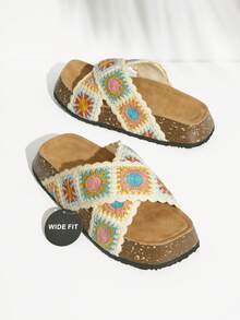 SHUZIA 2024 Wide Fit Birken Cork Slippers, Summer Retro Crochet Accent Flatform Sandals, Comfort Colorful Touch - Beige - View 3