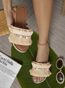 SHUZIA Women's Fashionable Fringe Flat Sandals - Beige - View 4