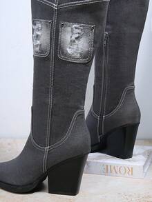 SHUZIA 破洞補丁貼粗跟靴 - 灰色 - 查看 5