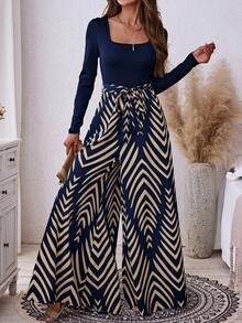 SHEIN LUNE 女士纯色罗纹拼接几何印花波西米亚风休闲连体裤，秋冬季，休闲款 - 藏蓝色 - 查看 3