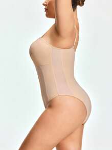 SHAPORA Plus Size Slimming Bodysuit With Lift, Gather, Comfort, Casual, Minimalist Design, Suitable For Outerwear - Black - View 3