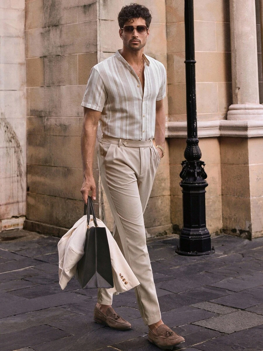 Manfinity VCAY Men's Casual Woven Vertical Striped Short Sleeve Stand Collar Shirt - Multicolor - View 1