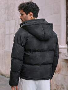 Manfinity VCAY Men's Long Sleeve Casual Hooded Slim Fit Zip Up Padded Coat Winter Black Outerwear Bubble Coat - Black - View 6