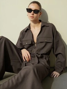 Aveloria Modichic Women's 2 Pieces Set With V-Neck Zipper Design, Front Pockets, Drawstring Waist, Versatile Wear Fall Cloth For Women