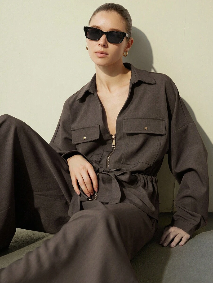 Aveloria Modichic Women's 2 Pieces Set With V-Neck Zipper Design, Front Pockets, Drawstring Waist, Versatile Wear Fall Cloth For Women