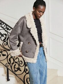 Maija 双排扣保暖内衬夹克，秋冬通勤时尚单品 - 灰色 - 查看 7