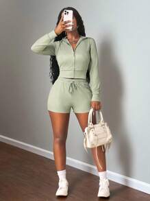 Slaydiva Conjunto de 2 piezas de chaqueta con capucha con cierre frontal y shorts de unicolor para mujer