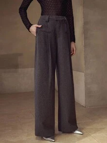 MOTF PREMIUM 斜口袋褶饰阔腿西装裤 - 深灰色 - 查看 5