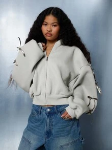 SUMWON WOMEN Society Summer Embroidered Cropped Sweatshirt Full Zip Hood Oversized Balloon Sleeve Statement Fall Winter Casual Loungewear Urban Streetwear Ribbon Detail - Light Grey - View 4