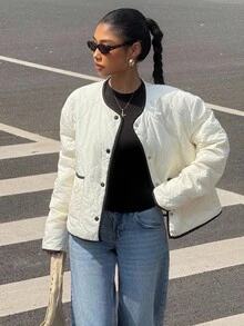 Muchica Women's Autumn New Textured Quilted Trim Short Padded Coat, Y2k Jacket,Fall - Apricot - View 5