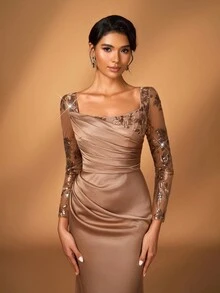 Serin Đầm dạ hội dài tay dáng đuôi cá sang trọng, đính sequin và ren hoa, chất liệu satin co giãn, mỏng nhẹ, thích hợp cho đám cưới, tiệc tùng, kỳ nghỉ, dạ hội, váy dạ hội cho mẹ cô dâu, ngày Valentine. - Rượu sâm banh - Xem 6