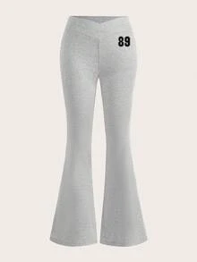 SHEIN EZwear Bộ 2 quần ống loe in họa tiết 89 cạp chéo màu đen và xám dành cho nữ, thích hợp mặc ở sân bay và dạo phố - Nhiều màu - Xem 8