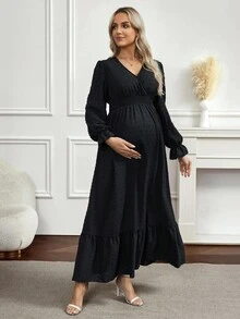 SHEIN 孕妇纯色交叉褶皱腰褶优雅连衣裙 - 黑色 - 查看 3