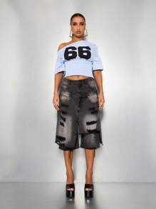 SUMWON WOMEN 露肩数字学院风短款上衣褶皱腰格子贴花字母设计休闲街头风格春夏时尚 - 藍色 - 查看 3