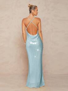 Lumalex Váy đuôi cá chéo hở lưng đính sequin và dây xích kim loại cho nữ - Màu xanh bạc hà - Xem 2