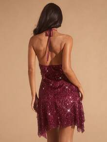 Glamine 女装秋季新款酒红色彩虹亮片连衣裙夏季新款浪漫性感露背连衣裙外出 - 紅色 - 查看 1