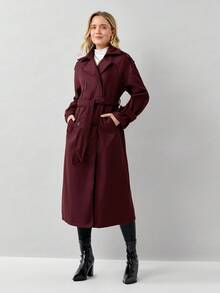 Miaspire Ancora Red 女士纯色立领双排扣休闲外套，秋冬款 - 酒紅色 - 查看 5