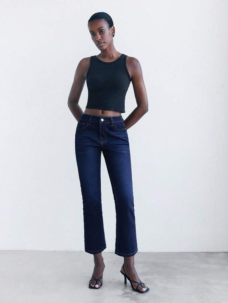 SHEIN Maija Women's Dark Blue Jeans Low-Rise Cropped Flared Comfortable Stretch Denim Pockets Rose Embroidery Autumn New Style Denim Jeans