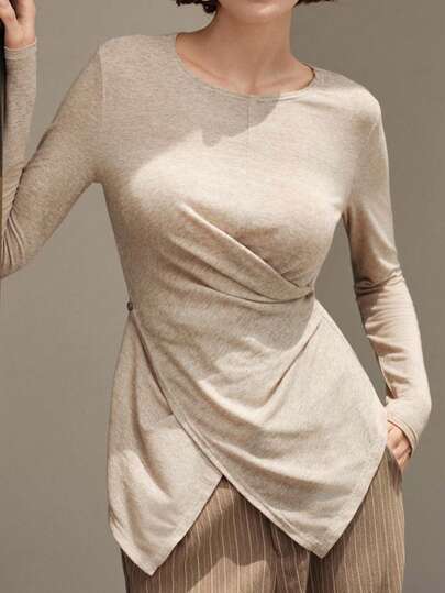 Uhlyne قميص تريكو نسائي كاجوال بتصميم غير متماثل وأزرار متقاطعة، أكمام طويلة، قمصان نسائية أنيقة للصيف والعطلات والرحلات الشمسية والربيع