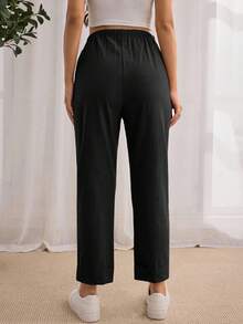 SHEIN Pantalones casuales de maternidad de unicolor simple con bolsillos y lazo delantero - Negro - Ver 2