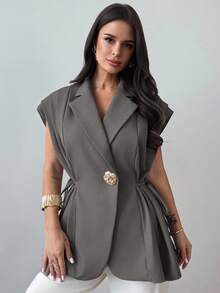 Firerie Ladies New Casual Elegant Versatile Metal Button Linen Brown Thin Suit Jacket/Imitation Linen Suit Jacket/Pleated Tie Top/Business Casual Woman/Teacher Outfits For Women/Vintage Clothes Women/,Fall - Grey - View 5