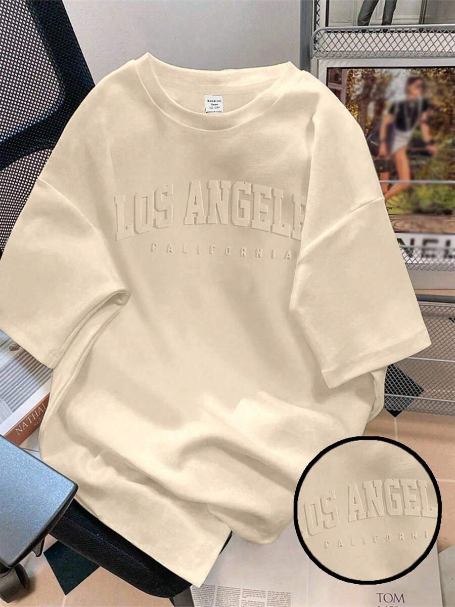 SHEIN EZwear 超大休闲简约英伦图案圆领短袖宽松T恤女,适合夏季 - 杏色 - 查看 1
