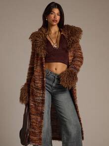 Aloruh 女式长款开衫，彩色条纹波西米亚风格外套，配有人造毛领和袖口，适合秋冬季 - 彩色 - 查看 6