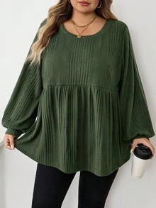 SHEIN CURVE+ Áo thun nữ cỡ lớn, viền bèo nhún, thường ngày, Thu/Đông/Thu/Đông - màu xanh lá - Xem 3