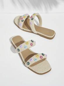 SHUZIA Sandalias planas para mujer con flor decorativa y punta abierta - Albaricoque - Ver 2
