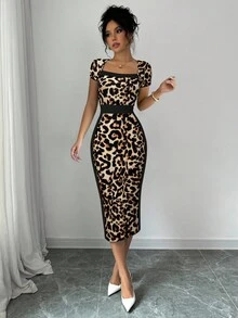 Elenzga 夏季时尚豹纹修身方领女式连衣裙 - 摩卡棕 - 查看 5