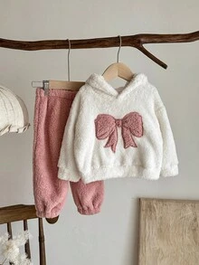 SHEIN 女宝宝休闲可爱蝴蝶结刺绣连帽长袖羊毛上衣和松紧腰裤套装，秋冬 - 彩色 - 查看 8