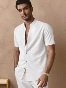 HIMLAND 2 Stücke Set für Herren bestehend aus legeren, einfarbigen, schmal geschnittenen Kurzarmhemd mit Rundausschnitt und tailliert geschnittener Hose, geeignet für den täglichen Gebrauch