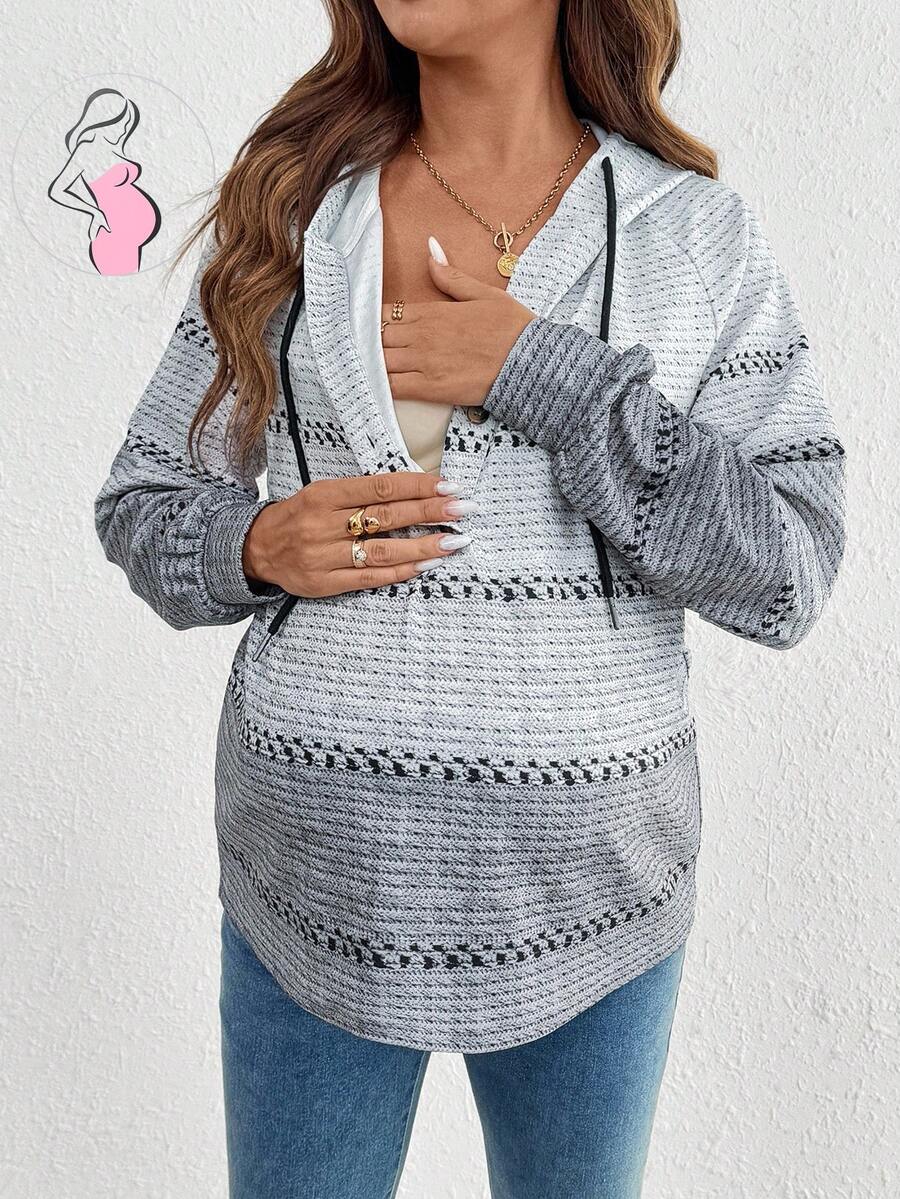 SHEIN Autumn And Winter  Maternity Autumn New Knitted Striped Hooded Sweatshirt