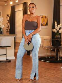 SHEIN BamGlam Quần Jeans Ống Loe Thường Ngày Có Túi Và Viền Xẻ Cho Nữ - Màu xanh lam - Xem 7