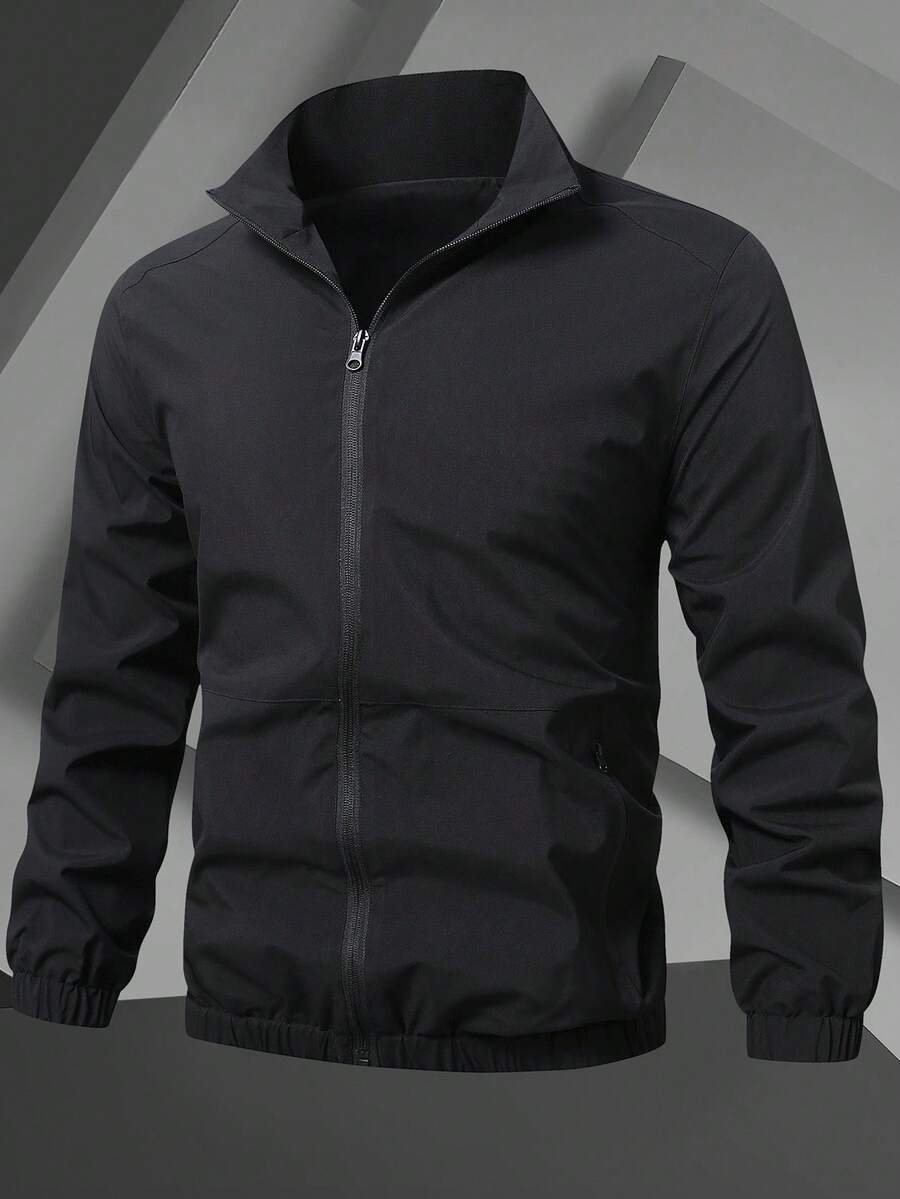 Manfinity Homme Men's Solid Color Zip-Up Casual Jacket, Autumn Lightweight Outdoor Windbreaker - Black - View 1