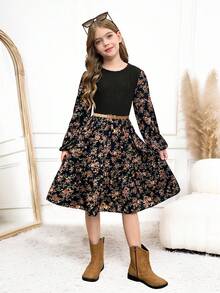 SHEIN Serisse Kids Tween Girl LUNE 花卉印花灯笼袖荷叶边下摆连衣裙，法式花卉，仙女裙，田园风 - 黑色 - 查看 12